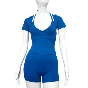 NWT YAGI WRLD 3-Piece Activewear Set Halter Top, Short Sleeve Top, Shorts Bleu S
